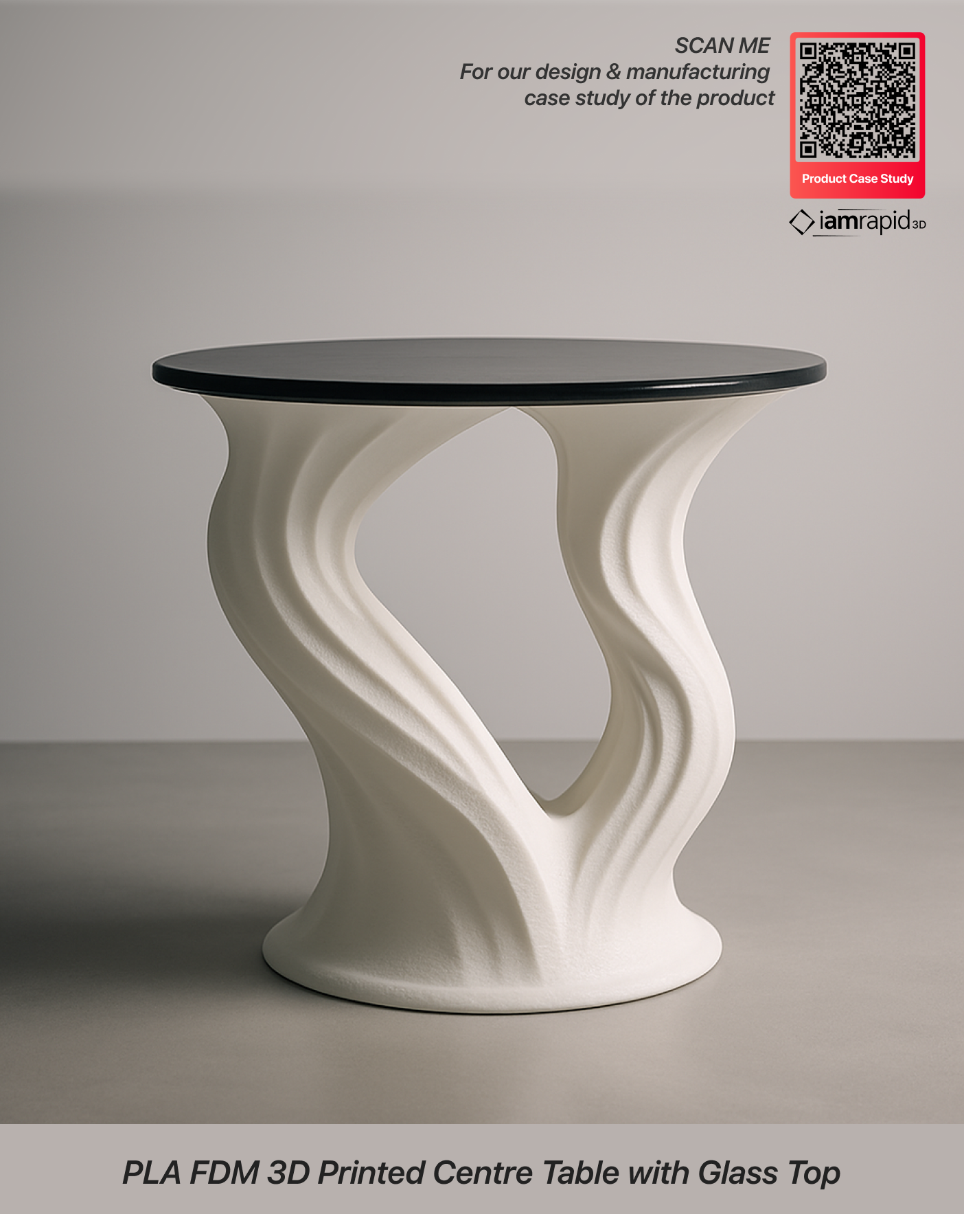 PLA FDM 3D printed centre table with glass top